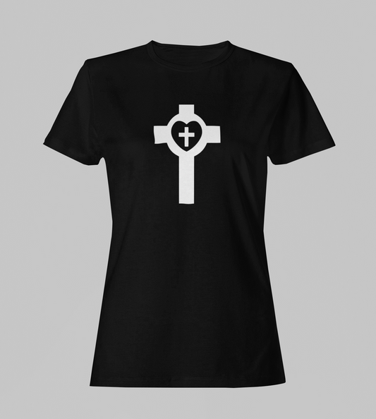Camiseta Babylook Feminina - Crucifixo e Coração - Preta com detalhes brancos