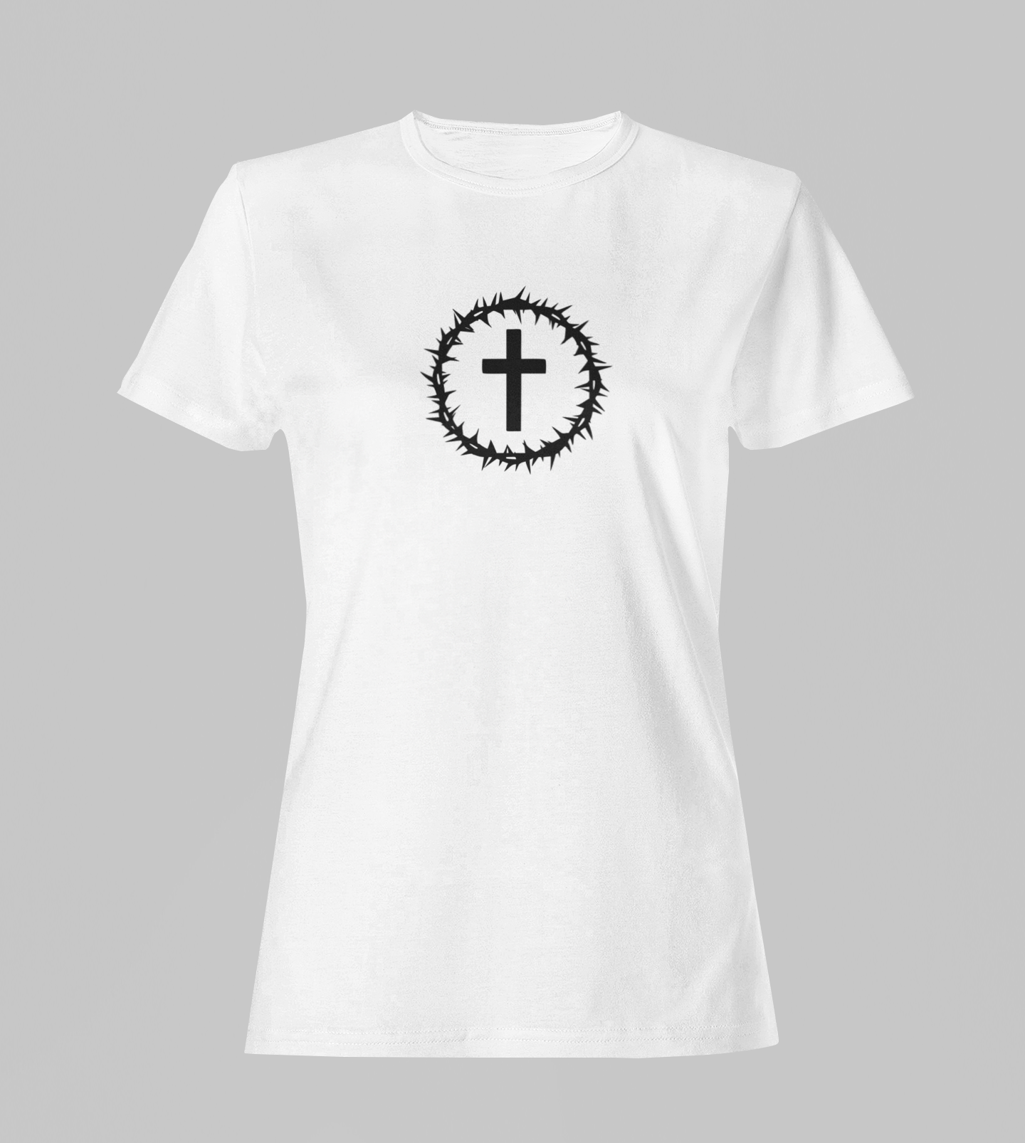 Camiseta Babylook Feminina - Coroa e Cruz - Branca com detalhes pretos