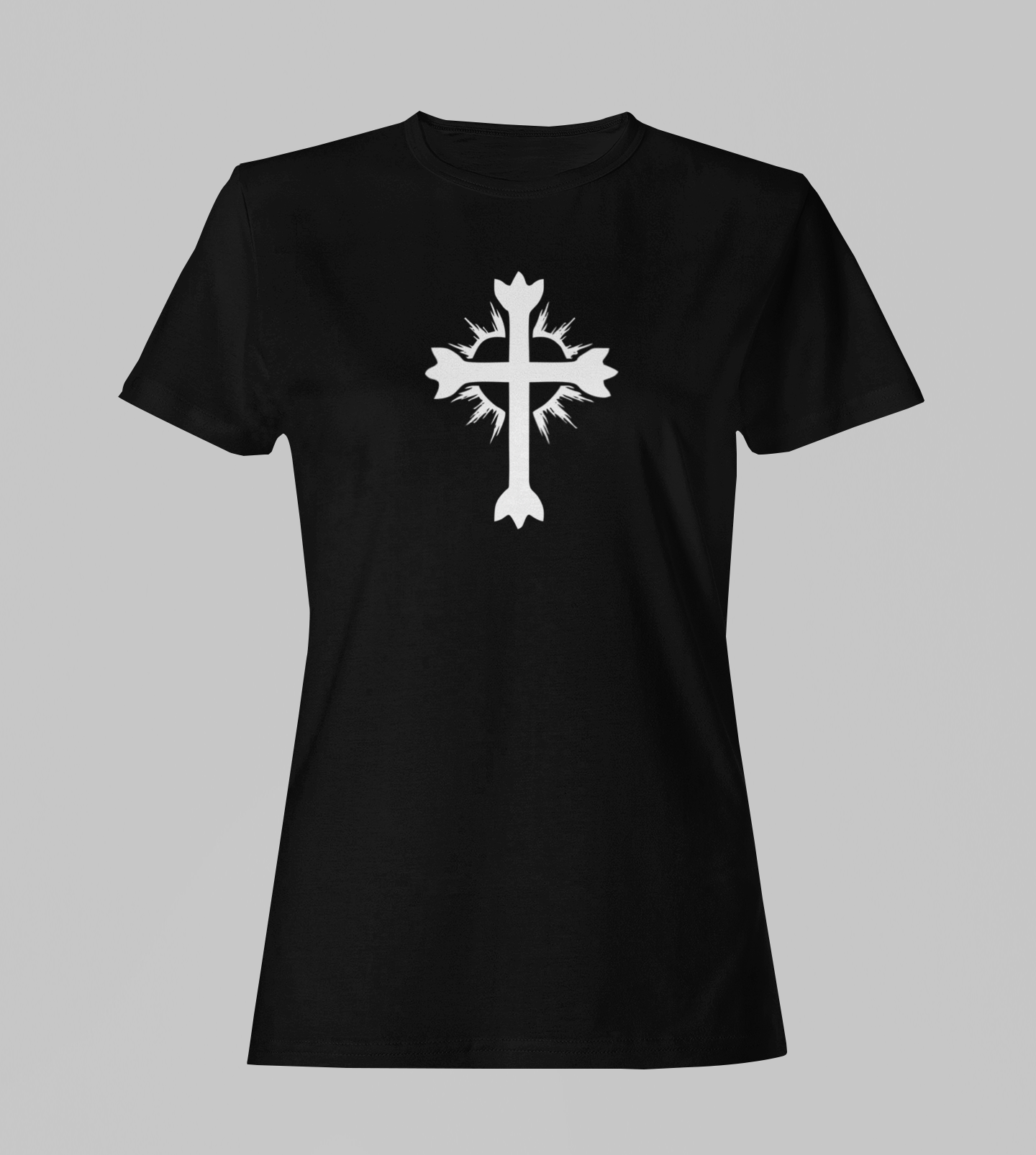 Camiseta Babylook Feminina - Crucifixo e Coração 2 - Preta com detalhes brancos
