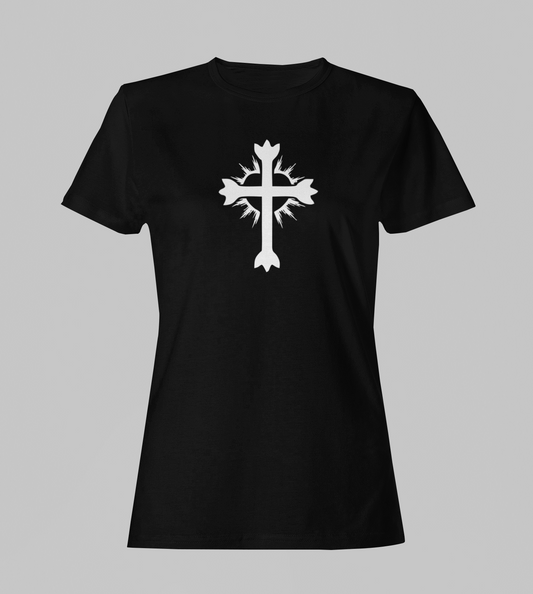 Camiseta Babylook Feminina - Crucifixo e Coração 2 - Preta com detalhes brancos