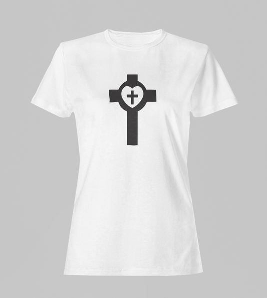 Camiseta Babylook Feminina - Crucifixo e Coração - Branca com detalhes pretos