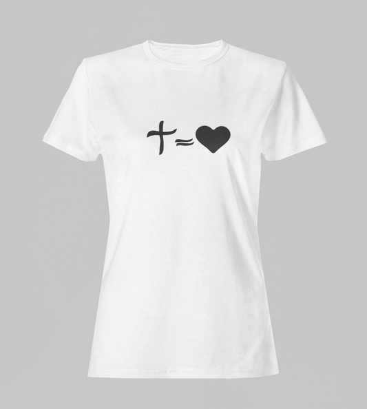 Camiseta Babylook Feminina - Cruz = Coração - Branca com detalhes pretos