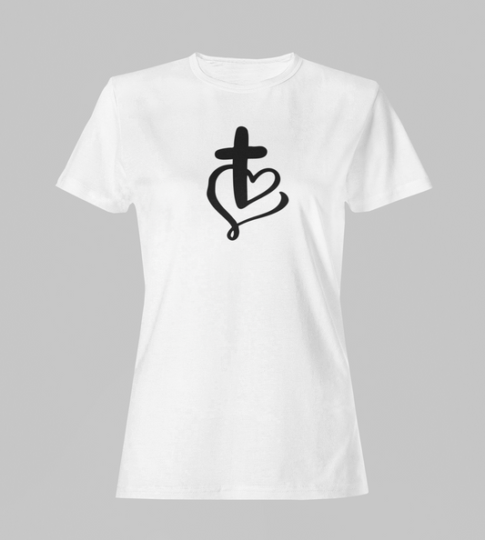 Camiseta Babylook Feminina - Cruz e Coração 3 - Branca com detalhes pretos