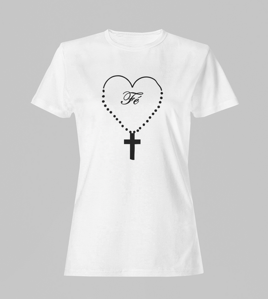 Camiseta Babylook Feminina - Terço Fé - Branca com detalhes pretos