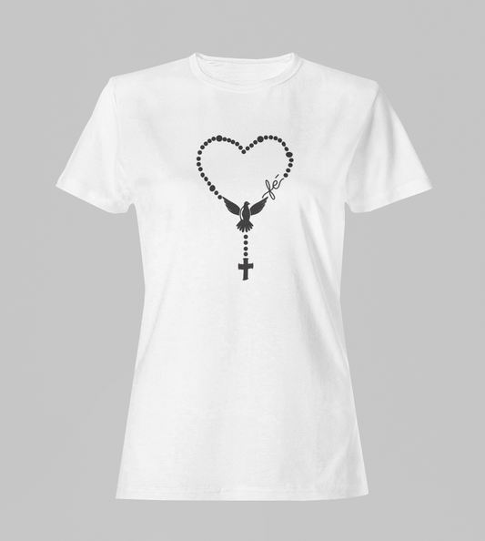Camiseta Babylook Feminina - Terço Fé 2 - Branca com detalhes pretos