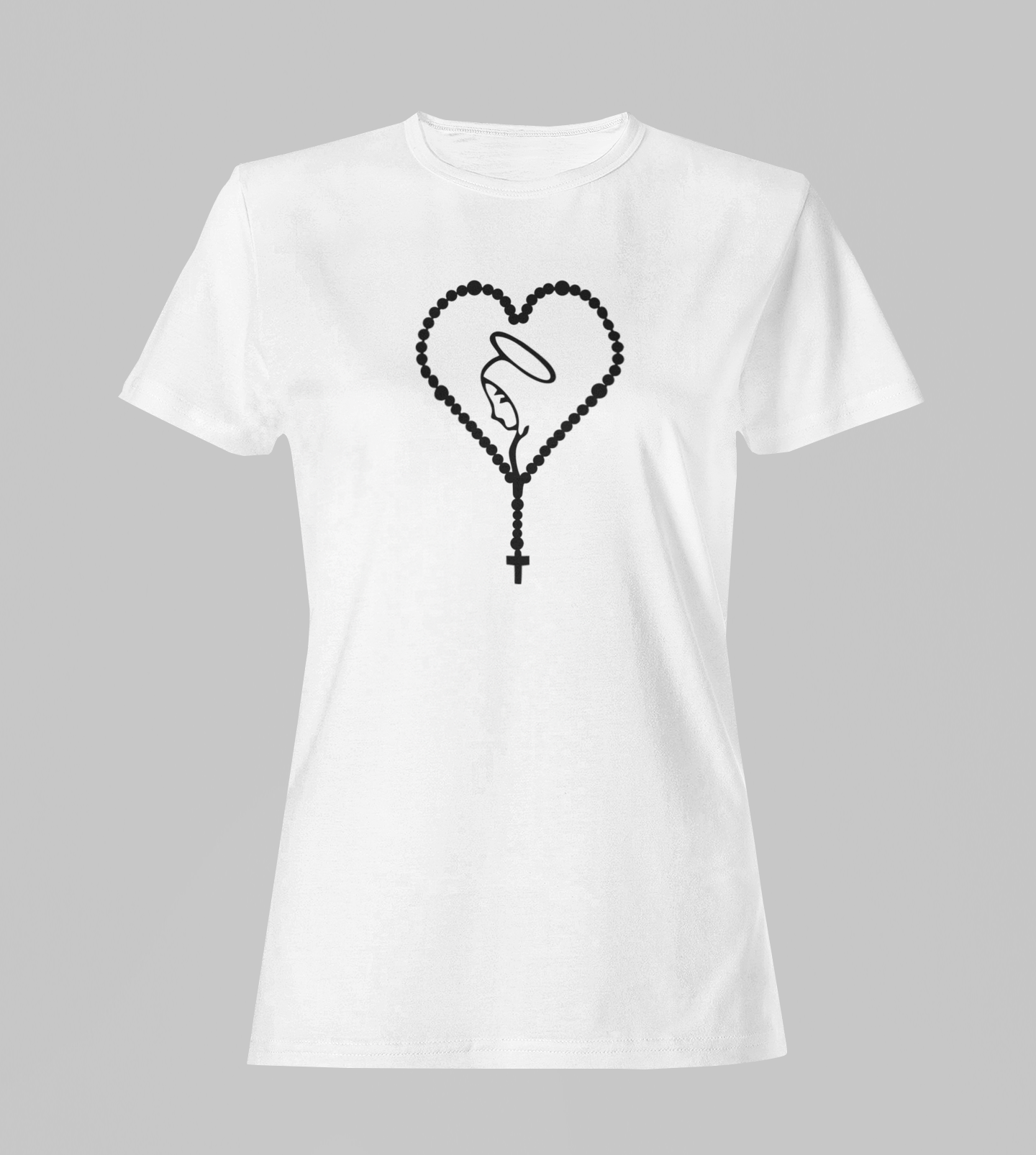 Camiseta Babylook Feminina - Terço Nossa Senhora - Branca com detalhes pretos