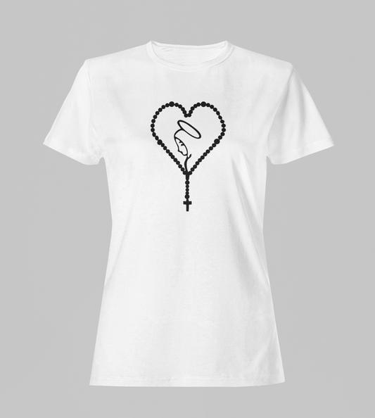 Camiseta Babylook Feminina - Terço Nossa Senhora - Branca com detalhes pretos