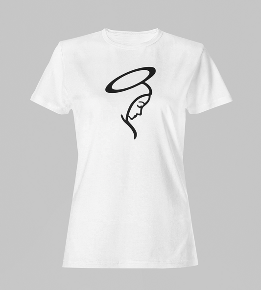 Camiseta Babylook Feminina - Nossa Senhora - Branca com detalhes pretos