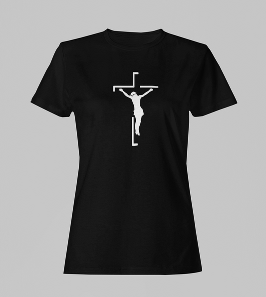 Camiseta Babylook Feminina - Jesus na Cruz - Preta com detalhes brancos