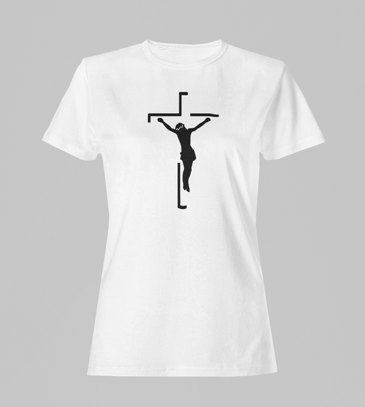 Camiseta Babylook Feminina - Jesus na Cruz - Branca com detalhes pretos