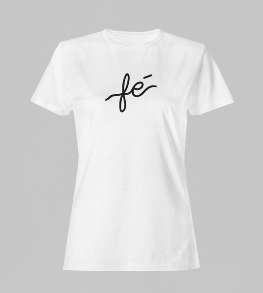 Camiseta Babylook Feminina - Fé - Branca com detalhes pretos