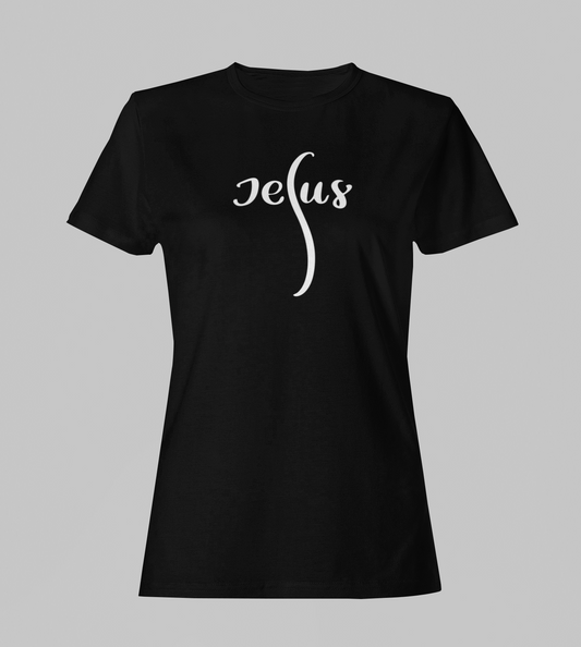 Camiseta Babylook Feminina - Jesus - Preta com detalhes brancos