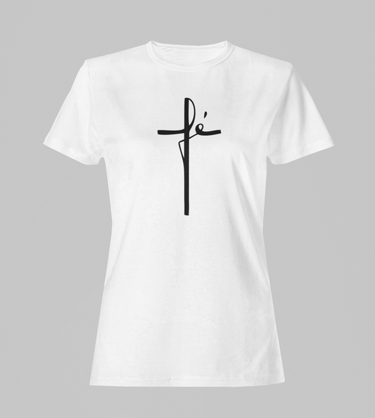 Camiseta Babylook Feminina - Fé 2 - Branca com detalhes pretos