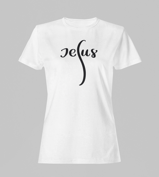 Camiseta Babylook Feminina - Jesus - Branca com detalhes pretos
